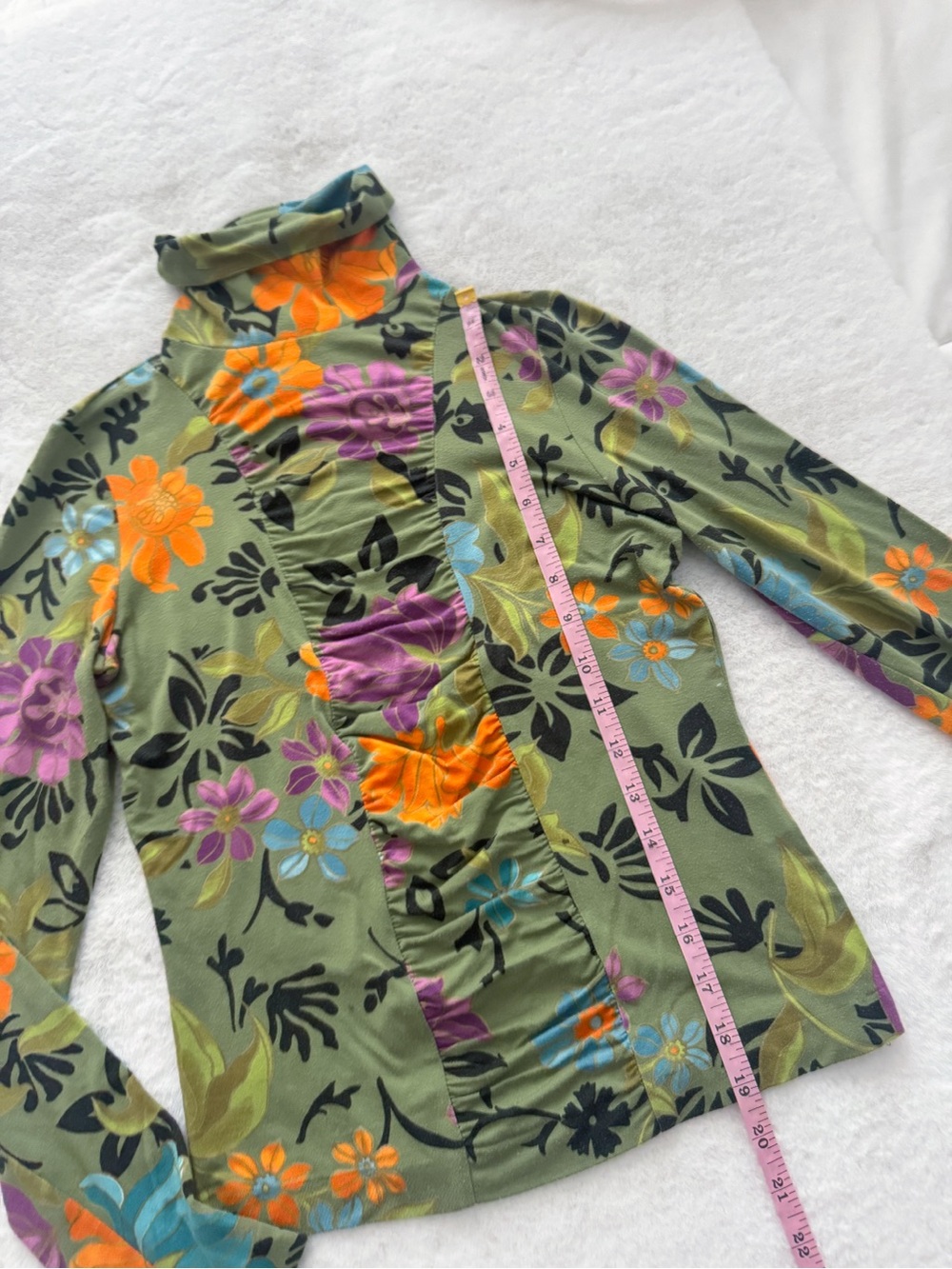 Etro Milano Floral Ruched Turtleneck Long Sleeve Stretch Top Green - Picture 10 of 10
